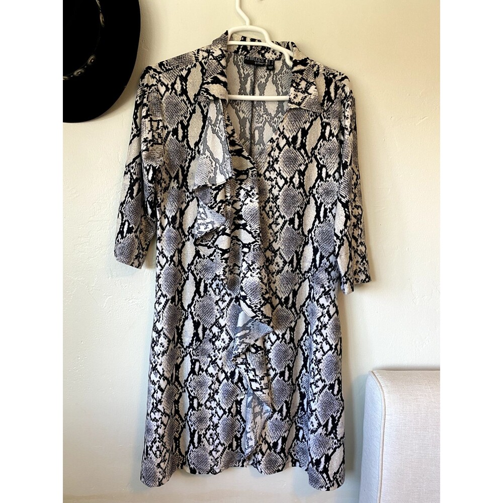 Attitudes by Renee Como Jersey Snake Print Dress Gray V-Neck 3/4 Sleeve L